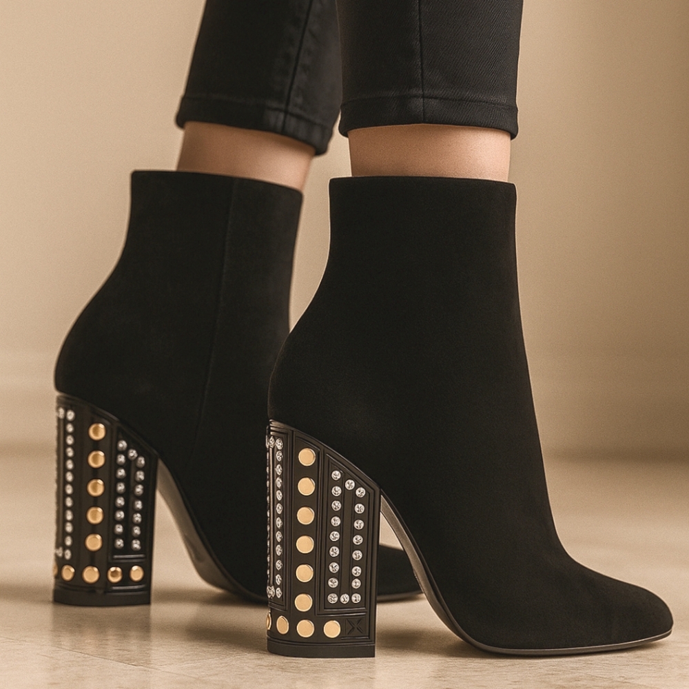 Louis Vuitton Black Suede Studded Block Heel Ankle Boots